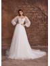 Long Sleeves Ivory Lace Tulle Buttons Back Wedding Dress
